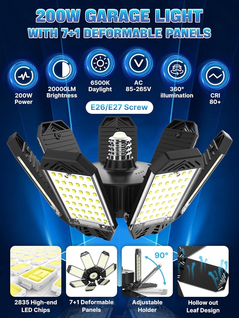 HAPYLUMI LED Garage Light 200W, 2 Pack 20000LM Bright Garage Lights Ceiling Led with 7 Adjustable Panels, 6500K Shop Lighting Screw in E26/E27 Bulb Socket, LED Lights for Shop Barn Basement Bay - Image 2